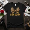 Black t-shirt with "BOW DOWN TO THE QUEEN OF CATWALK CHIC" text and a leopard print bow graphic