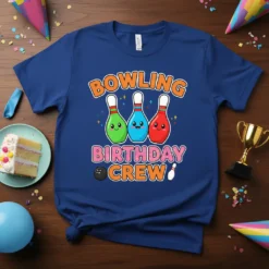 Bowling Birthday Crew t-shirt design with three cute cartoon bowling pins and a bowling ball