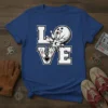 Blue t-shirt with "LOVE" design featuring a bowling ball striking pins, primary keyword Bowling Love