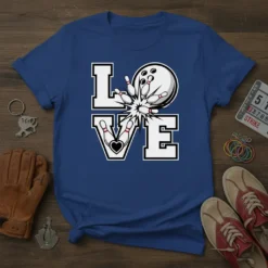 Blue t-shirt with "LOVE" design featuring a bowling ball striking pins, primary keyword Bowling Love