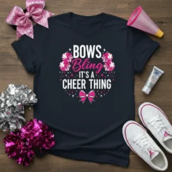 Bows Bling It's a Cheer Thing t-shirt design with pink bows and pom-poms graphic