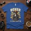Boxer dog wearing sunglasses and a leather jacket with text "BOXER THE ULTIMATE COOLEST DOG" on a blue t-shirt