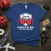 Boxing Is My Beat Fight For Your Heart quote with boxing gloves and heartbeat graphic on a blue t-shirt