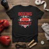 Black t-shirt with "Boxing Is My Therapy" text, red boxing gloves, and a heart graphic
