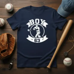 Navy blue t-shirt with white "BOY 63" baseball design featuring a batter swinging a bat