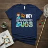 Boy Just A Boy Who Loves Bugs t-shirt design with cartoon boy, butterfly, bee, praying mantis, and beetle