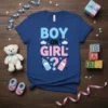 Blue t-shirt with "Boy or Girl?" text, clouds, hearts, and baby bottles for gender reveal party