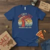 Retro graphic t-shirt with "Boycott Sal's Freshness Fails Here" text and a hand holding a dripping pizza slice