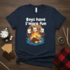 Boys have S'more fun quote with cartoon marshmallows roasting over a campfire on a navy blue t-shirt