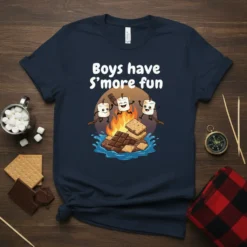 Boys have S'more fun quote with cartoon marshmallows roasting over a campfire on a navy blue t-shirt
