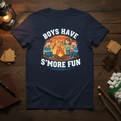 Boys Have S'more Fun text with graphic of children roasting marshmallows over a campfire, camping theme