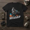 Black t-shirt featuring the word BRAAAP in white, distressed text with an illustration of a rider on a quad bike