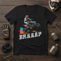 Black t-shirt featuring the word BRAAAP in white, distressed text with an illustration of a rider on a quad bike
