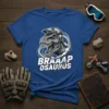 Braaap Osaurus t-shirt design featuring a roaring T-Rex wearing a motocross helmet and the text "BRAAAP OSAURUS"
