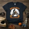 Braaapy Halloween T-Shirt with a skeleton motocross rider, pumpkins, and a full moon graphic