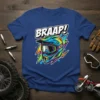 Braap! motocross helmet graphic t-shirt with vibrant colors and lightning accents