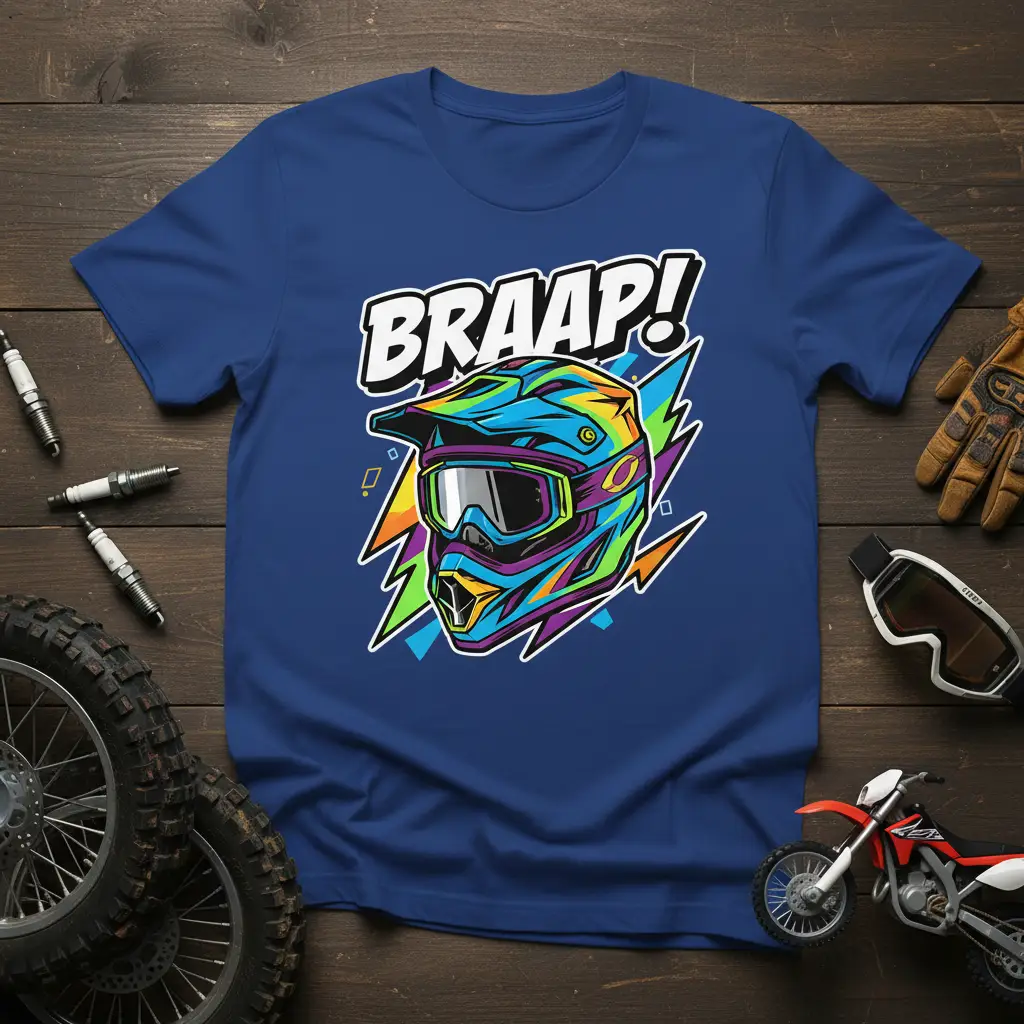 Vibrant Braap! motocross helmet design with bold typography and electric lightning bolt accents
