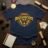 Braggadocious lion head graphic with the word Braggadocious in yellow text on a navy t-shirt