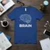 Blue t-shirt with a white graphic of a stylized brain and the word BRAIN below it, representing intelligence and science