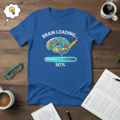 Blue t-shirt with "Brain Loading 50%" text, a cartoon brain filled with colorful cubes, and a progress bar