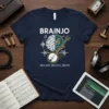 Brainjo Molding Musical Minds t-shirt design featuring a brain fused with a banjo and musical notes