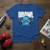 Brawl t-shirt design featuring two aggressive wolves facing each other with lightning effects and the word BRAWL in white text