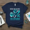 Navy t-shirt with "BREAK THE SILENCE stop THE VIOLENCE SEXUAL ASSAULT AWARENESS" text, a teal dove, and a teal ribbon