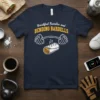 Navy t-shirt with "Breakfast Burritos and Bending Barbells" text and cartoon barbell lifting a burrito