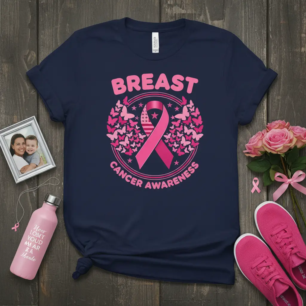 Breast Cancer Awareness T-Shirt with pink ribbon, butterflies, and American flag detail