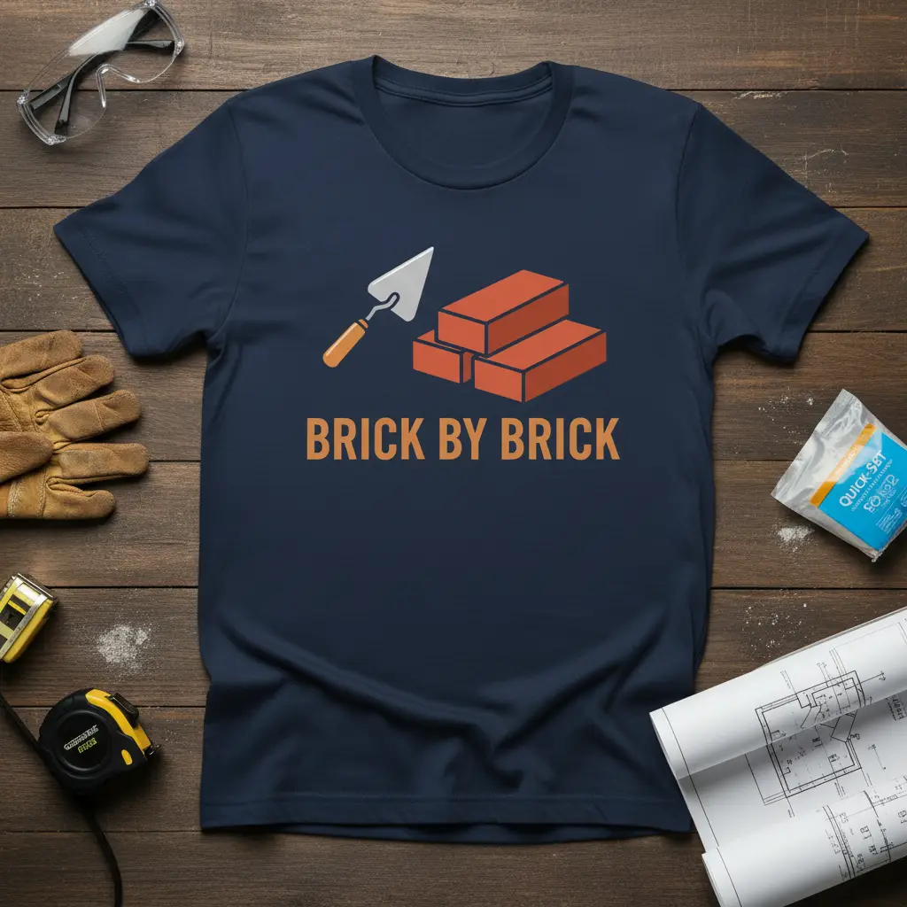 Brick By Brick quote on navy t-shirt with trowel and brick graphic, construction theme