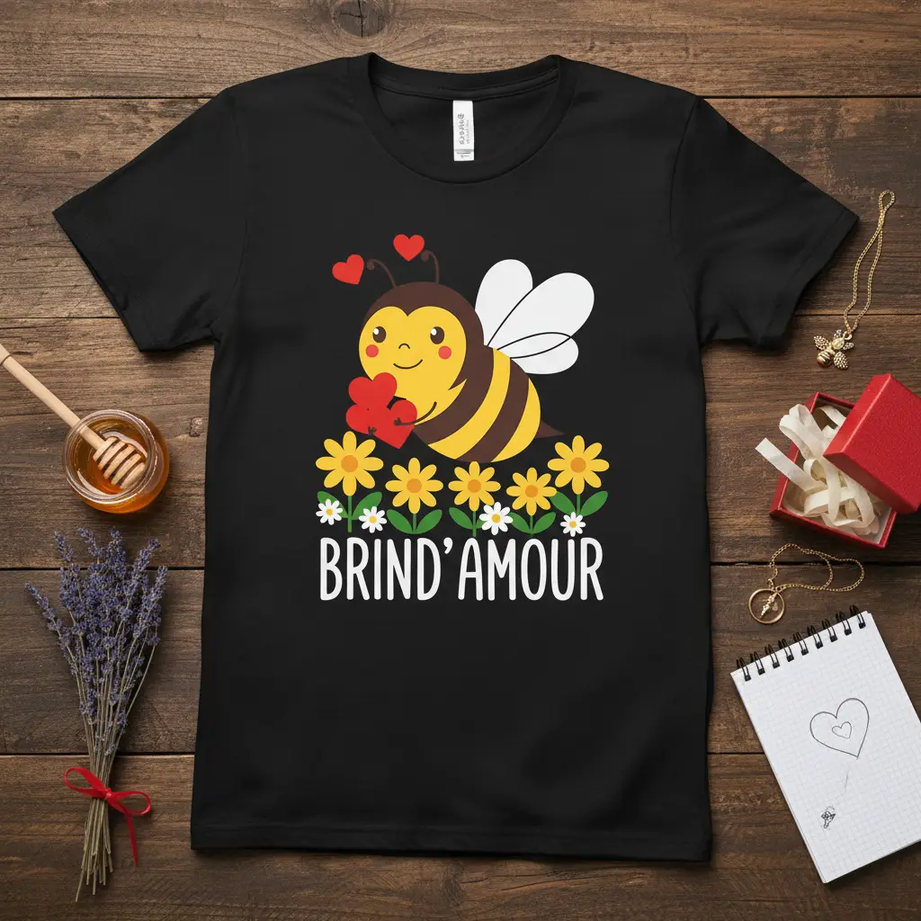 Cute Brind'Amour bumblebee design with hearts and flowers on a black t-shirt