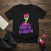Black t-shirt with a neon pink and purple "Bring Me The Horizon" logo and a zombie hand holding a heart