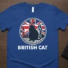 British Cat T-Shirt featuring a black cat silhouette against the Union Jack and London skyline, with text "BRITISH CAT"