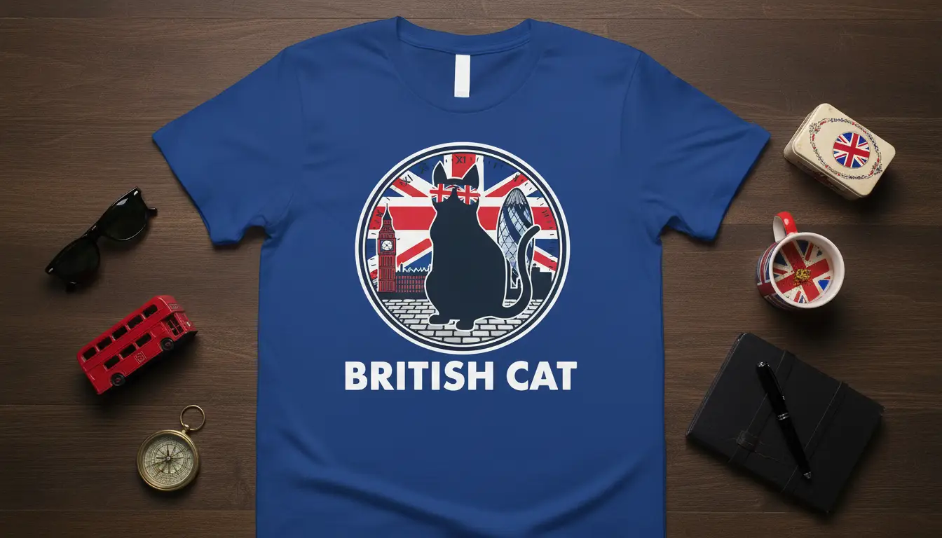 British Cat graphic t-shirt with London landmarks and Union Jack flag design