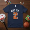 Navy blue t-shirt with "BRO I'M 2" text and a basketball graphic, celebrating a 2nd birthday