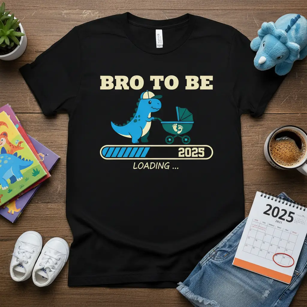 Cute dinosaur wearing a cap pushing a baby stroller with 'Bro To Be Loading 2025' text and progress bar graphic