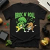 Broc N' Roll t-shirt design with cartoon broccoli and potato playing guitars, musical notes above