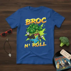 Broc N' Roll t-shirt design with a cartoon broccoli character playing a blue electric guitar and making a rock hand