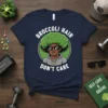 Broccoli Hair Don't Care text with a cartoon character wearing sunglasses and a large afro resembling broccoli on a navy