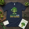 Broccoli Is My Spirit Vegetable text with a cartoon broccoli character flexing muscles and holding a magic wand