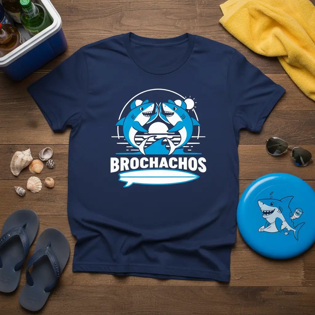 Brochachos t-shirt with two friendly sharks surfing and wearing sunglasses, perfect for summer beach vibes