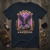 Brooms Are For Amateurs t-shirt with a black pegasus design, mountains, and moon, ESTD 1692 text