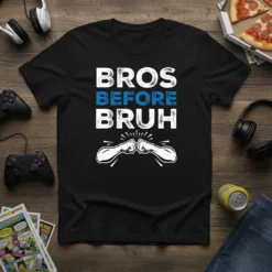 Bros Before Bruh text design with fist bump graphic on a black t-shirt
