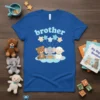 Blue t-shirt with the word "brother" in light blue text, and three cartoon animals (bear, elephant, sheep) sitting on clouds
