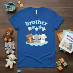 Blue t-shirt with the word "brother" in light blue text, and three cartoon animals (bear, elephant, sheep) sitting on clouds
