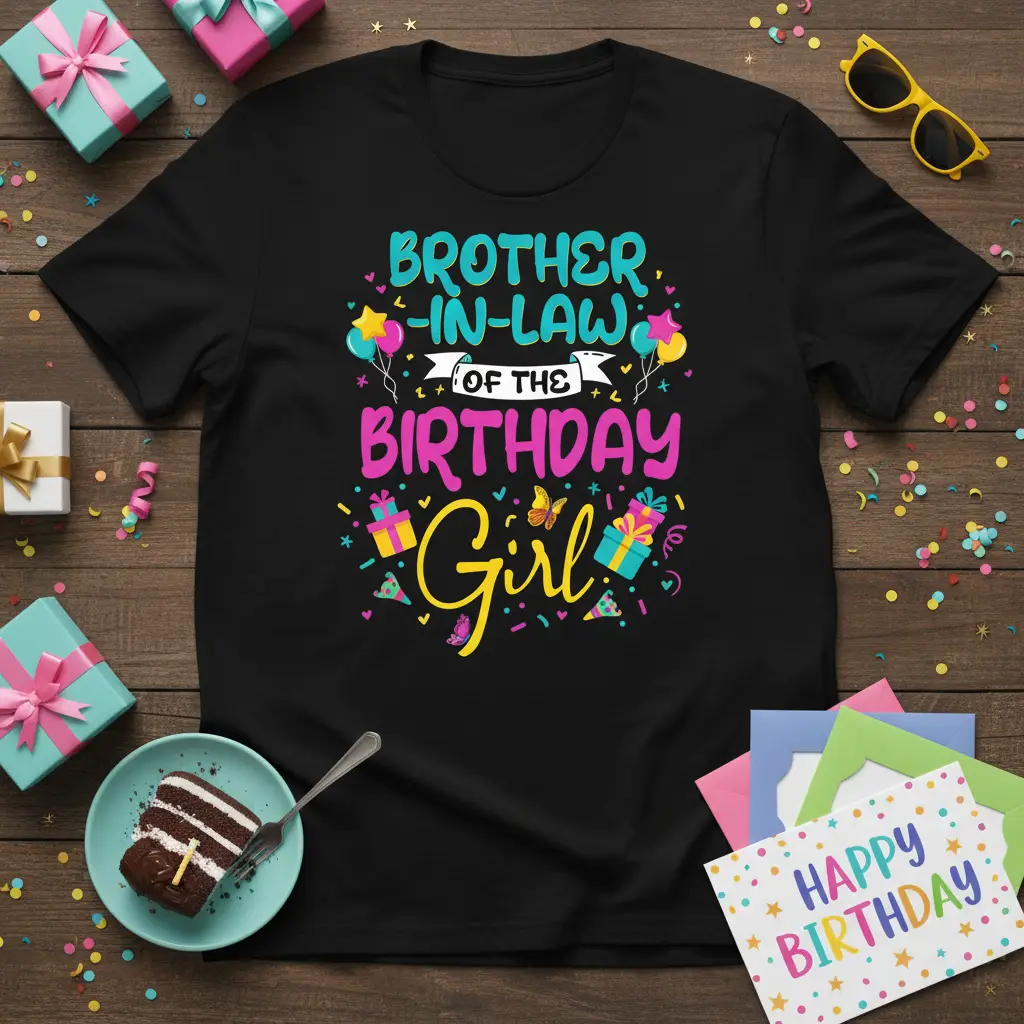 Brother-In-Law Of The Birthday Girl text in vibrant colors with festive birthday graphics