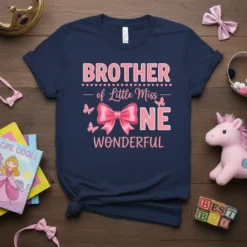 Navy blue t-shirt with pink text: BROTHER of Little Miss ONE WONDERFUL, featuring a large pink bow and small butterflies