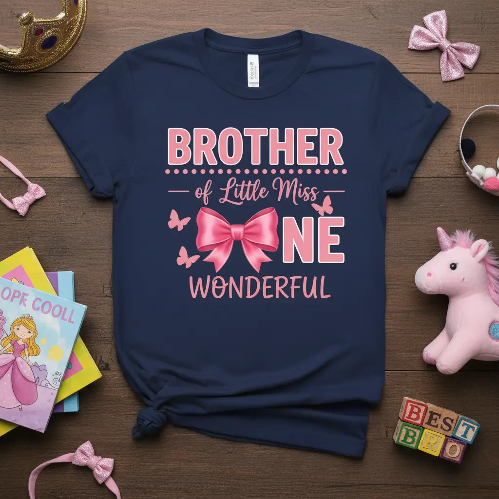 Brother of Little Miss ONE WONDERFUL text with pink bow and butterflies on a navy t-shirt