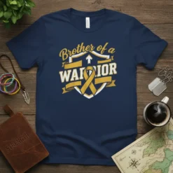 Brother of a Warrior t-shirt design with yellow awareness ribbon and shield graphic