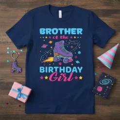 Brother of the Birthday Girl t-shirt with a purple roller skate in space graphic